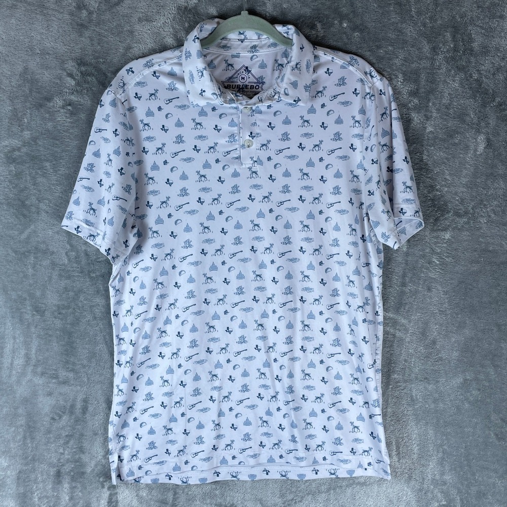 Burlebo Polo Shirt Mens M White Blue EUC Texas Icons Deer Guitar Taco Print